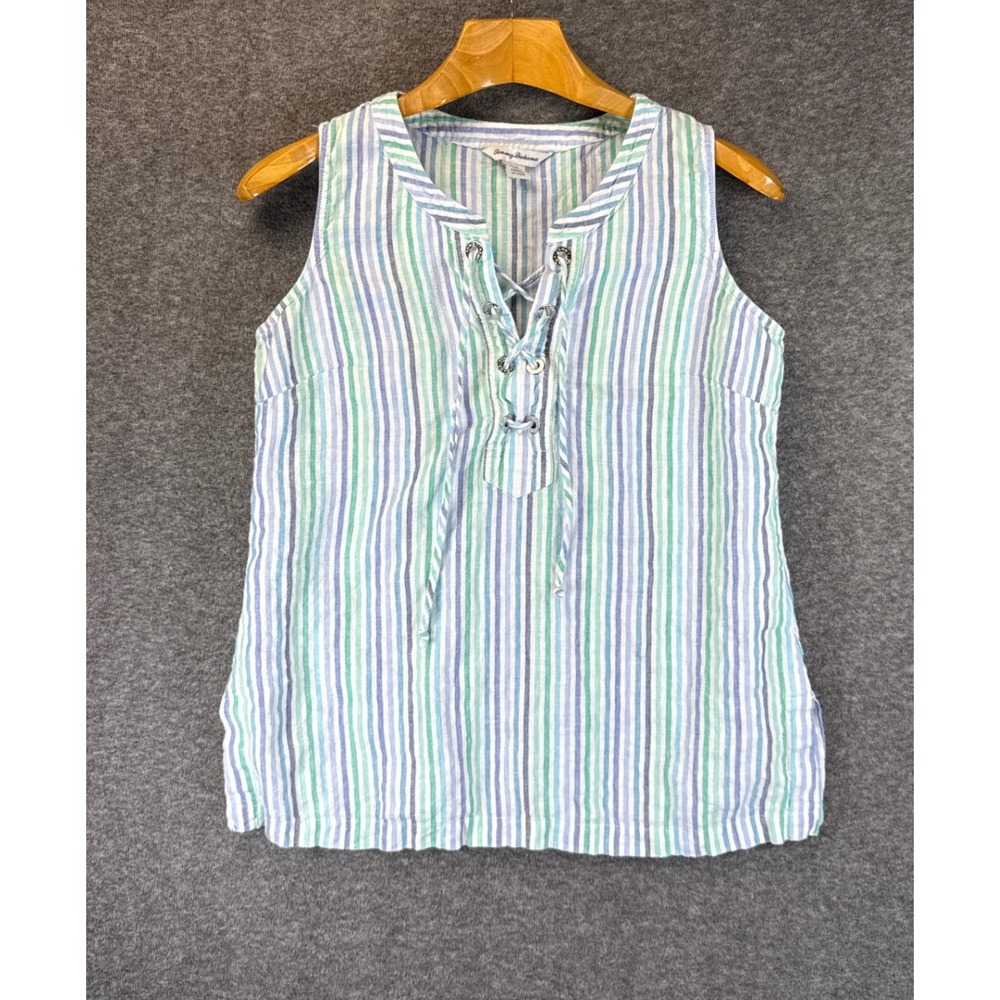 Tommy Bahama Vitamin Sea Stripe Lace Up Tank Tunic Size S Coastal Top 100% Linen